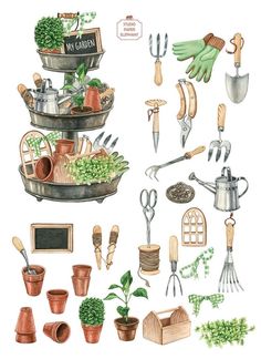 a watercolor painting of gardening tools and plants