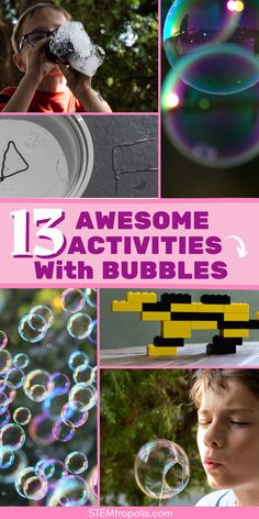 there are many bubbles that can be seen in this collage with the words, 13 awesome activities with bubbles