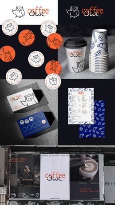 various logos and business cards for coffee shop, including two cups with the same name on them