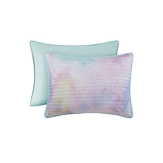 two pillows with blue and pink designs on them