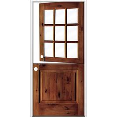 an open wooden door with glass panels