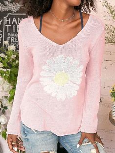 Pink Conch Casual Graphic Tops V Neck Long Sleeve Daisy Printed Sweater Sweater Streetwear, Y2k Outfit Ideas, Fashion Packaging, Womens Knit Tops, Knitted Flowers, Daisy Pattern, Knitted Tops, Women Sleeve, Loose Sweater