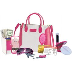 a pink and white purse with sunglasses, keys, money, cell phone and other items