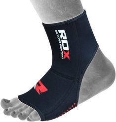 an ankle brace with the word r & d written on it and red letters in white