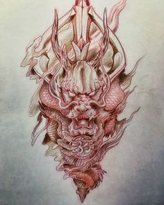 a drawing of a demon head with flames coming out of it