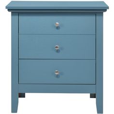 a blue dresser with three drawers and two knobs