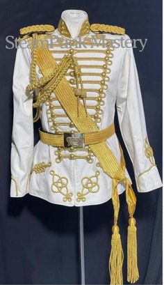 "G1/4-5-6 #DJZ9105BB  This is 5 pcs White Hussar ceremonial heavy cotton jacket with Gold shoulder accessories, gold hand woven sash & tassel & Waist  Belt buckle.  Sash ,belt , Aiguillettes and eppaulates  are including in this sale  Please note it's free size belt & Sash with adjustable toggle on the sash and waist adjuster adjuster can fit up 28\"- 46\"waist  Please refer to the photos.  Sizes are available XS to fit size 38\" S - to fit 40\" M -  to fit 42\" L - to fit 44\" XL - to fit 46\" XXL - to fit 48\" Front and back length - 32\" approximately  Sleeve length. - 26\" approximately  Please note:- Even though there is a choice of sizes, these are made to order and are customise to your requirements . I do not carry stock and hence do not do refunds. Please check the sizes before yo Shoulder Accessories, Military Suit, Gold Sash, Accessories Gold, Eve Outfit, Gold Hand, Sash Belt, Gold Hands, Cotton Jacket