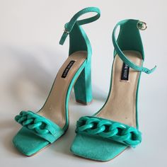 I Accidentally Bought The Wrong Size And They Are Brand New And Too Small. They Are In Perfect Condition! Trendy Green Heels With Branded Heel Counter, Turquoise Heels For Party, Chic Turquoise Heels For Spring, Turquoise Ankle Strap Heels For Party, Turquoise High Heels For Party, Chic Turquoise High Heels, Turquoise Heels, I Accidentally, Shoes Brand