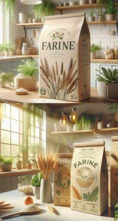 two bags of coffee sitting on top of a counter next to plants and potted plants