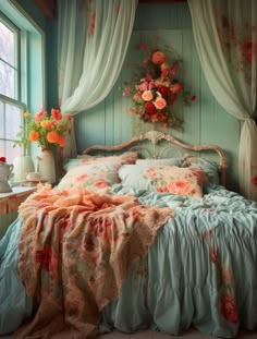 a bed sitting next to a window in a room with flowers on the headboard