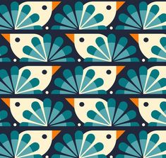 a blue and orange wallpaper with an image of a fan pattern on the side