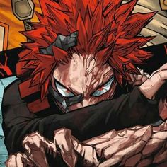 an anime character with red hair and black eyes holding his arms out to the side