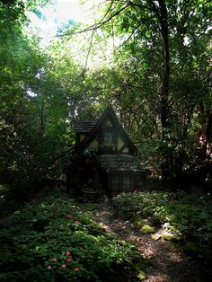 a small house in the middle of some trees and bushes with flowers growing on it