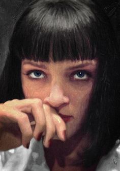 a painting of a woman with bangs and blue eyes looking at the camera while holding her hand to her chin