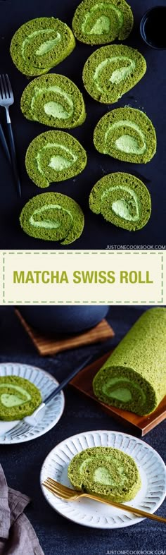 matcha swiss roll on plates with fork and knife next to it in the middle