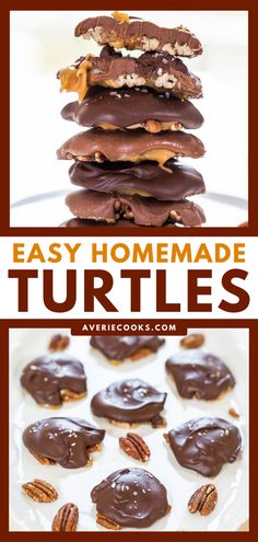 chocolate turtle cookies stacked on top of each other