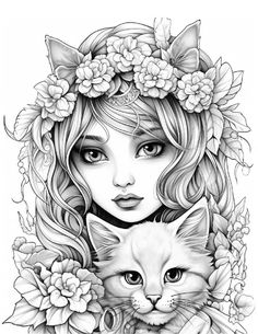 a drawing of a girl with flowers and a cat on her shoulder, in the middle of