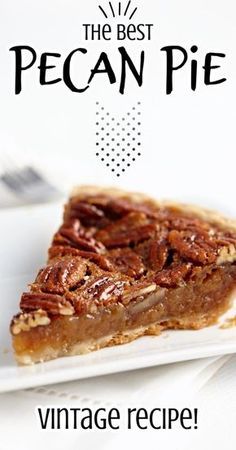 a piece of pecan pie sitting on top of a white plate