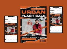 three flyers for urban flash sale with an orange background and two cell phones on the left side