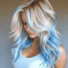 20 Pastel Blue Hair Color Ideas to Try - My Blog Blonde Over Blue Hair, Blonde Coloured Hair, Blue Tip Hair, Blue Tips On Blonde Hair, Blond And Colored Hair, Wigs With Blue Highlights, Blonde Pastel Hair, Blue Money Piece Hair Blonde, Fun Hair Colors For Blondes