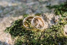 two wedding rings sitting on top of moss