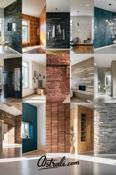 a collage of photos showing different types of fireplaces and walls in various rooms