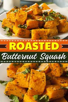 roasted butternut squash on a white plate with herbs and seasoning in the background