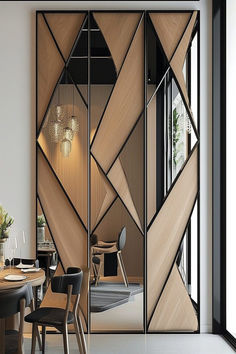 A modern dining room with a large geometric mirror wall design divided by wooden strips, reflecting a chic interior. Mirror Wall Design, Wall Partition Design, Mirror Interior Design, Wall Panel Design, Mirror Design Wall, Foyer Design, Room Partition Designs, Partition Design