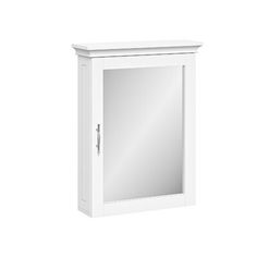 the medicine cabinet is white and has a mirror on it's front door,