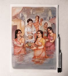 a drawing of people standing in the water with one woman holding a pot and another man looking on