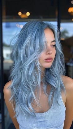 Frosted Blue Hair, Silver To Blue Ombre Hair, Silver Hair Blue Highlights, Blue Grey Hair Color Silver, Teal Blue Hair Color, Steel Blue Hair Color, Silver Hair With Blue Highlights, Dusty Blue Hair Color, Light Blue Money Piece Hair