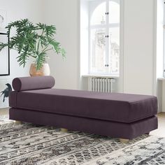 a large blue chaise lounger sitting on top of a rug next to a window