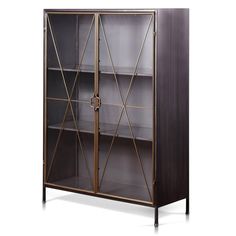 an open bookcase with glass doors and gold trimmings on the front, against a white background