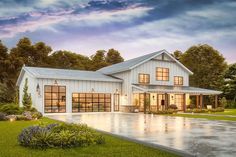 this is an artist's rendering of a modern farmhouse style home with large windows