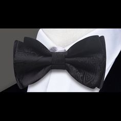 Black Paisley Bow Tie Black Butterfly Knot Bow Tie, Classic Black Bow With Butterfly Knot, Elegant Black Ties For Black-tie Events, Elegant Black Bow With Tie Back, Classic Black Butterfly Knot Bow, Elegant Bow With Butterfly Knot For Black-tie Events, Formal Black Bow With Ties, Elegant Black Ties With Butterfly Knot, Elegant Black Tie With Butterfly Knot