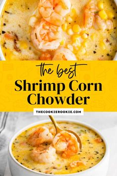 creamy shrimp corn chowder soup in a white bowl