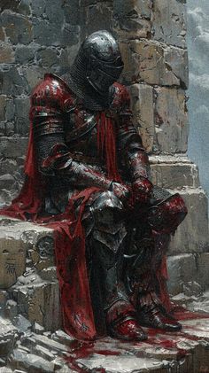 a painting of a knight sitting on some steps