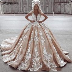 NumberSea - NumberSea Champagne Ball Gown Wedding Dresses Lace Appliqued Deep V Neck Gold Ball Gown, Champagne Ball Gown, Couture Dior, Eva Lendel, Applique Wedding Dress, A Wedding Dress, Luxury Wedding Dress, Princess Wedding Dresses, New Wedding Dresses