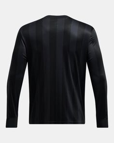 the back of a black soccer jersey with stripes on it, and long sleeves that have been