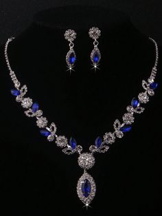 Necklace & Earrings Set, Deluxe Blue Rhinestone Inlaid Claw Chain Jewelry Set For Bride, Women's Wedding Dress Accessories, Stage Performance Ornaments Royal Blue    Zinc Alloy     Women Fashion Jewelry, size features are:Bust: ,Length: ,Sleeve Length: Blue Quince Necklace, Midnight Blue Jewelry, Royal Wedding Jewelry, Royal Blue Prom Dress Jewelry, Blue Quince Jewelry, Royal Blue Prom Jewelry, Royal Blue Quinceanera Jewelry, Royal Blue Prom Accessories, Royal Blue Jewelry Sets