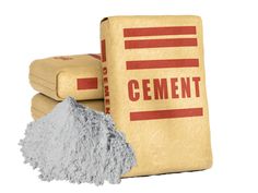 cement next to a bag and sandbag on a white background with the word cement written in red