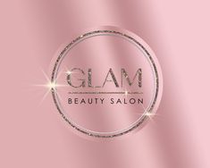 the glam beauty salon logo is displayed on a pink and silver background with sparkles