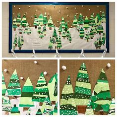 christmas trees made out of construction paper on a bulletin board