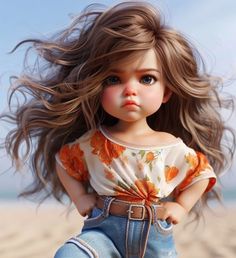 a very cute doll with long hair on the beach