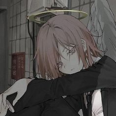 an anime character with pink hair and angel wings on his head is hugging another character