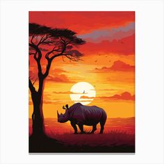 a rhino standing next to a tree at sunset