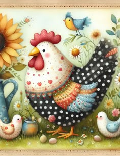 a painting of chickens and roosters in the grass with sunflowers behind them