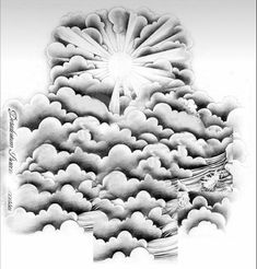 a black and white drawing of clouds with a sun in the middle