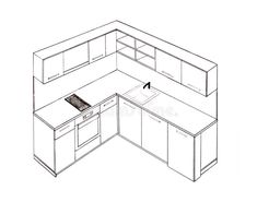 a line drawing of an l shaped kitchen