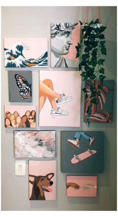 a bunch of paintings hanging on the wall above a plant in a vase and some shoes